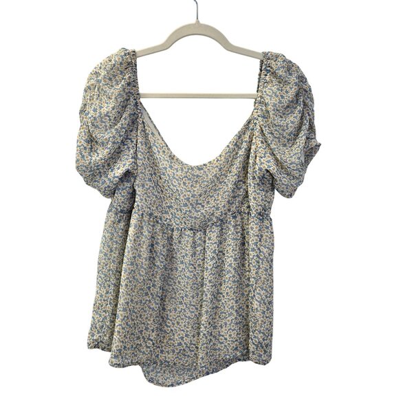 Louna Blue Daisy Chiffon Puff Sleeve Boho Blouse Size Medium - Picture 2 of 6